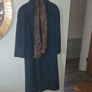 Elegant Navy Overcoat with Paisley Scarf